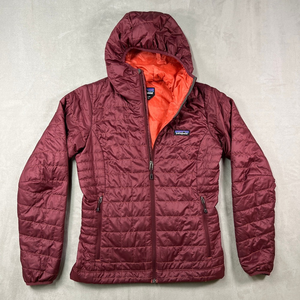 Patagonia Nano Puff Hoody Womens S Burgundy Quilted Primaloft Insulated Full Zip